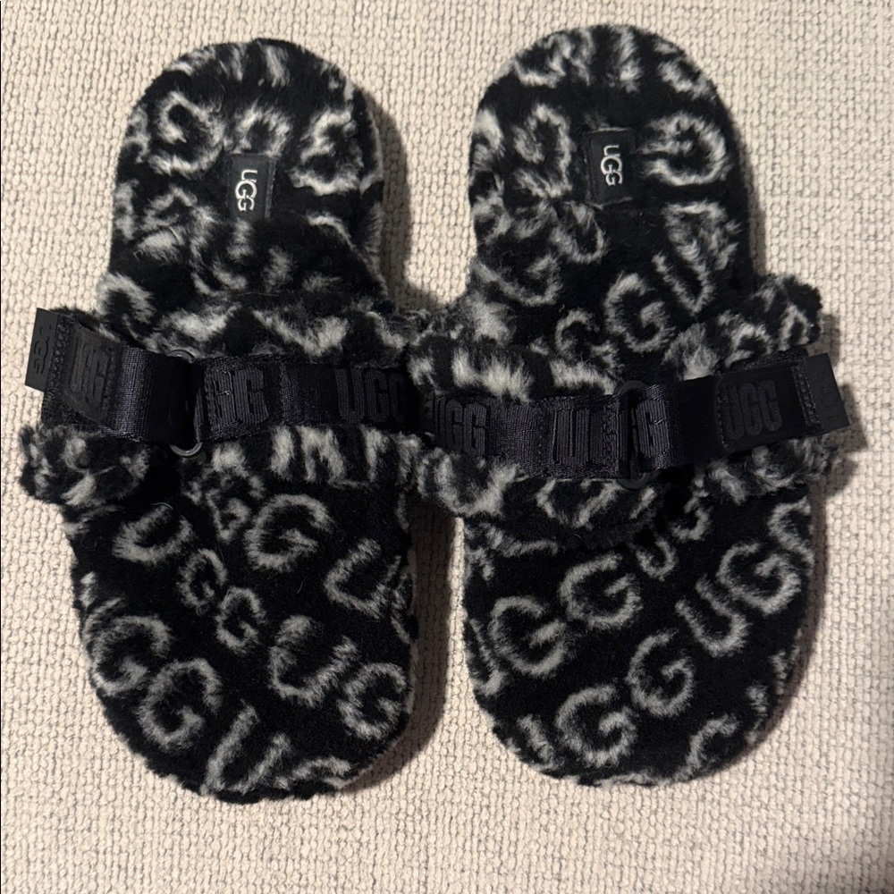 UGG Black & White Logo Fluff Slide Sandals